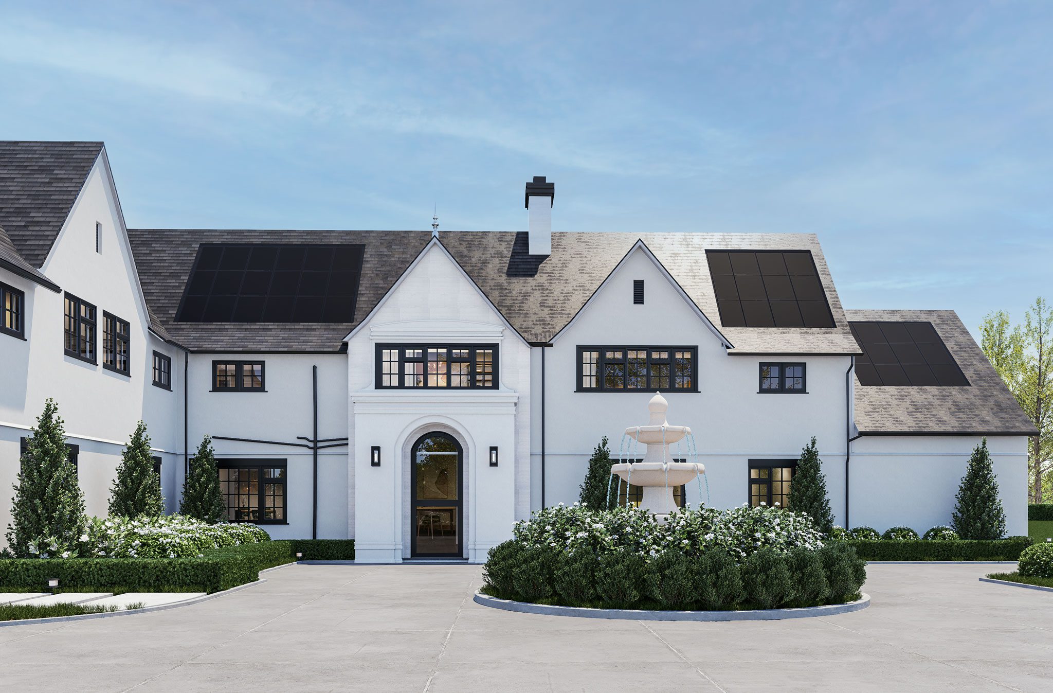 2 Large modern house with solar panels on the roof, featuring a central archway and a fountain in a circular driveway. Surrounded by greenery under a clear blue sky.