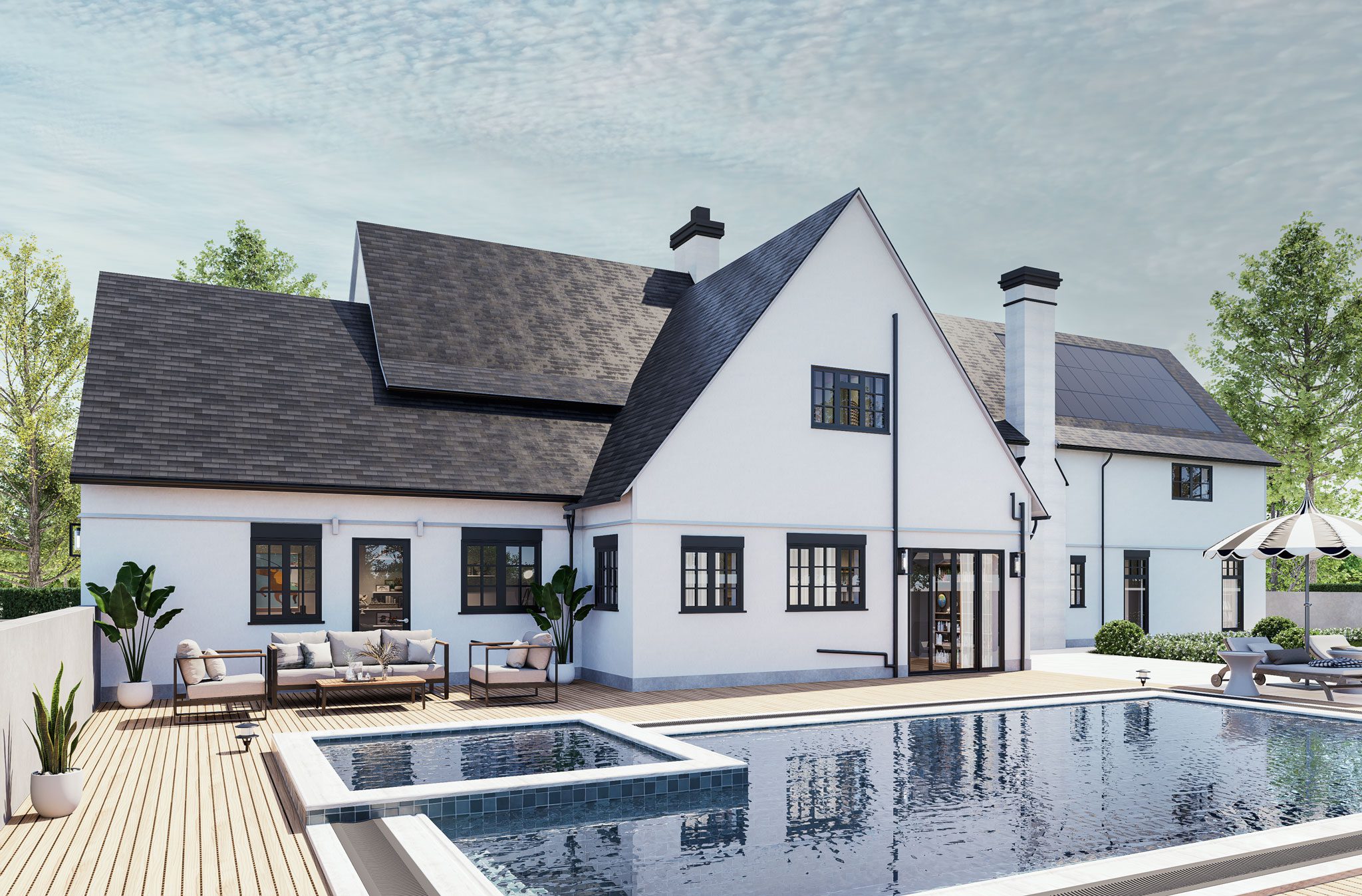 3 Large white house with dark roof, solar panels, and multiple windows. Backyard features a wooden deck, seating area, and a swimming pool. Surrounded by trees on a sunny day.