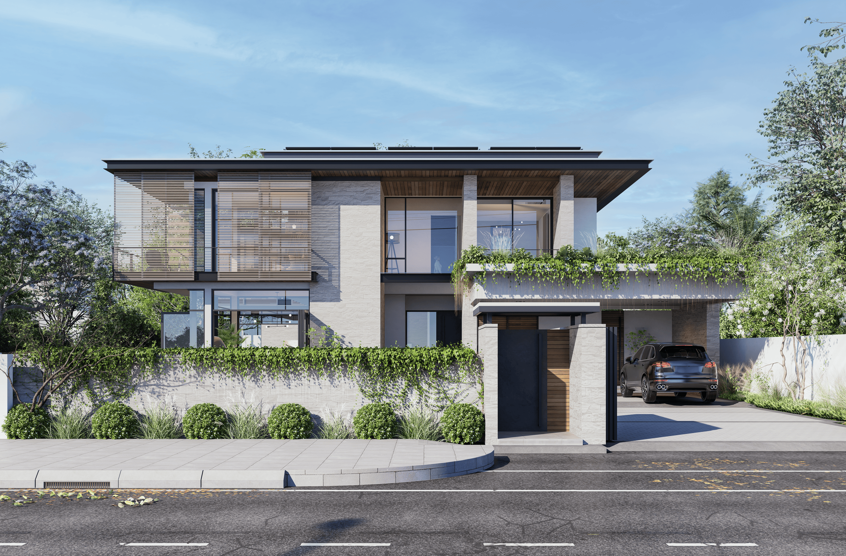 flat roof 1 Modern two-story house with large glass windows, wooden accents, and greenery. A car is parked in a covered driveway. The sky is clear.