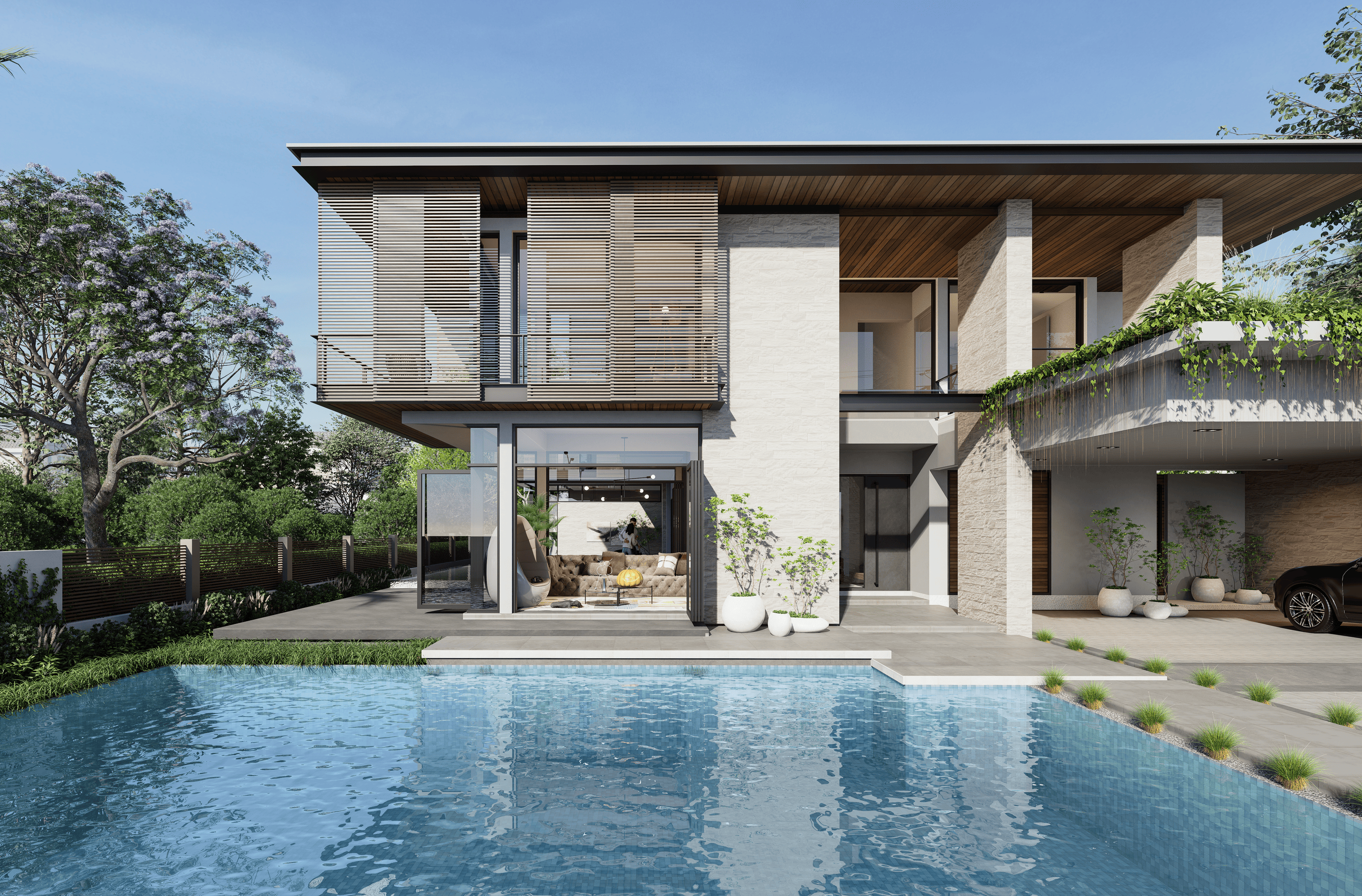 flat roof 2 Modern two-story house with large windows, a covered balcony, and greenery near a swimming pool, set against a clear blue sky.