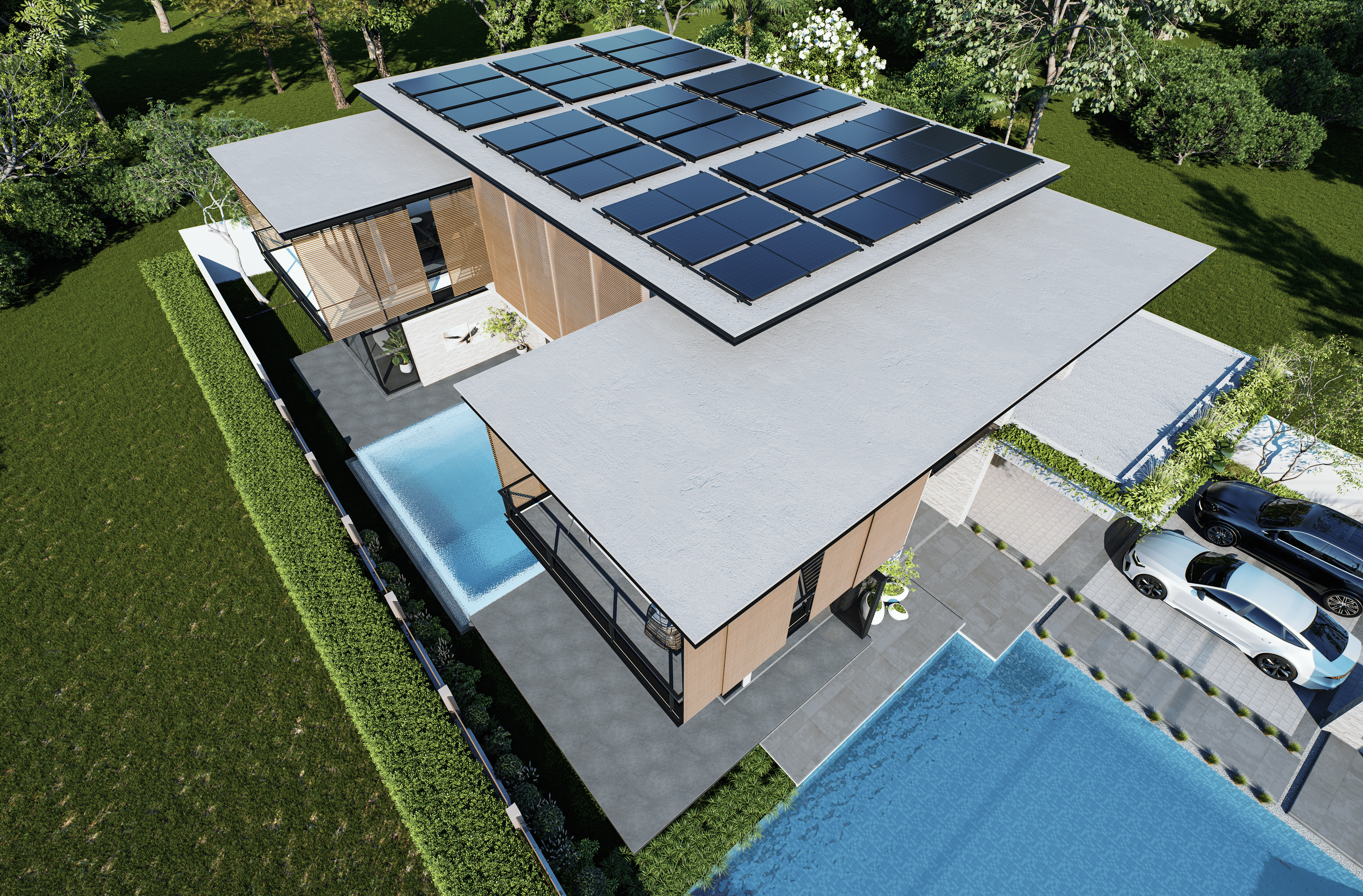 flat roof option 2 Aerial view of a modern, flat-roofed house with solar panels, surrounded by greenery. The property features two pools, a driveway, and parked cars.